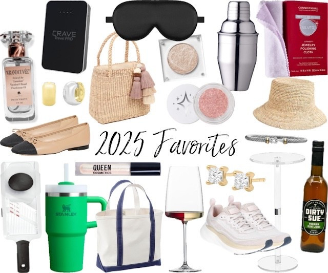 My top favorites of 2025!

Yearly favorites
Sneakers
Amazon finds 
Sleep mask
Cocktail shaker
Wine glasses
Raffia bag 
Boat and tote 
Ballet flats 
Silver jewelry cleaner 
External charger 
Perfume 
Diamond studs 
Reversible two tone huggie earrings 
Cable bracelet 
Eyeshadow 
Glitter lip gloss 

#LTKBeauty #LTKSeasonal #LTKHome