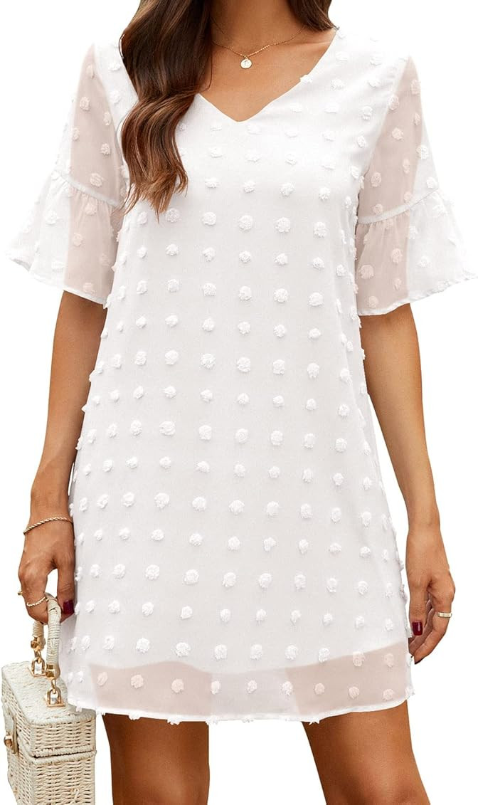 WEACZZY Womens Summer Casual Dresses Short Sleeve V Neck Ruffle Cute Sundress Chiffon Flowy Shift Mi | Amazon (US)