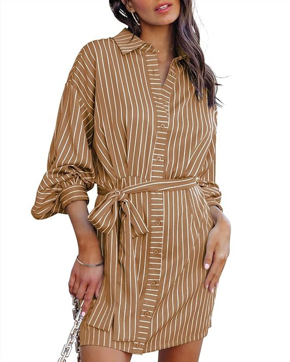 Coutgo Women's Striped Long Sleeve Shirt Dress Button Down Casual Tie Waist Midi Dress | Amazon (US)