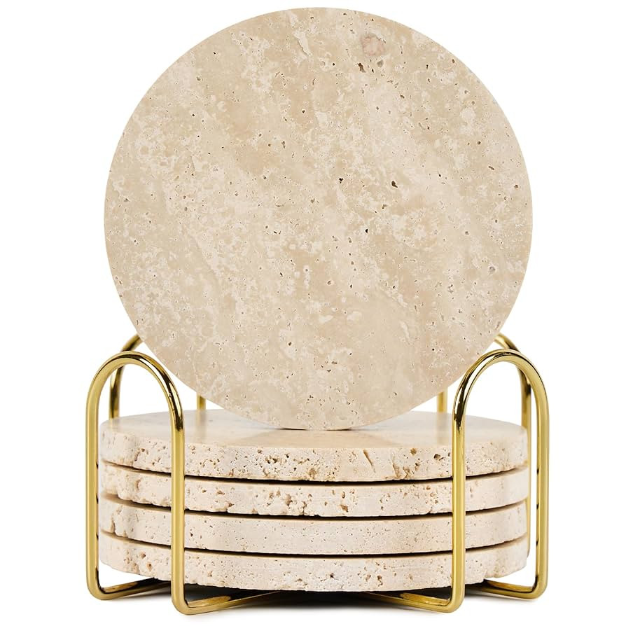 Italian Travertine Coasters Set of 5 with Holder, Round Beige Marble Drink Coasters for Coffee Ta... | Amazon (US)