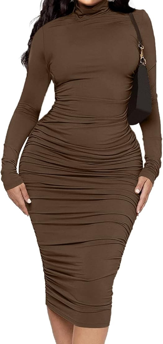 Ekaliy Women's Ruched Bodycon Midi Dress Sexy Mock Neck Long Sleeve Pencil Dresses | Amazon (US)