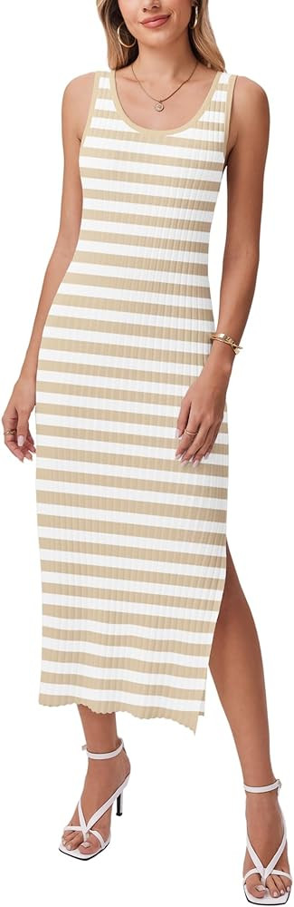 Zeagoo Women's Spring Summer Casual Dress Bodycon Midi Sleeveless Striped Knit Maternity Tank Swe... | Amazon (US)