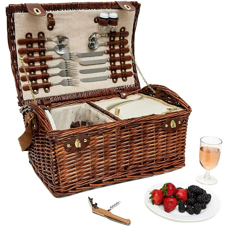 Large Wicker Picnic Basket for 4 with Insulated Cooler Bag and Supplies, 18 X 12 X 10 inches | Walmart (US)