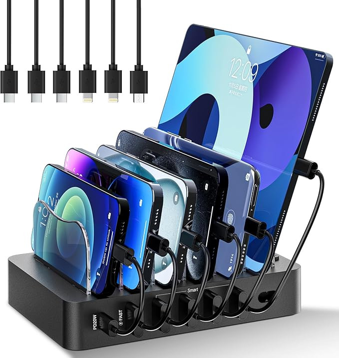 Charging Station for Multiple Devices 68W 6 Port Phone Charger Dock with 6 Cables, 20W Black Fast... | Amazon (US)