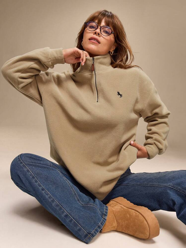 Hanevo Women's Fashion Casual Solid Color Embroidered Pattern Half-Zip Drop Shoulder Loose Sweatshirt, Christmas | SHEIN