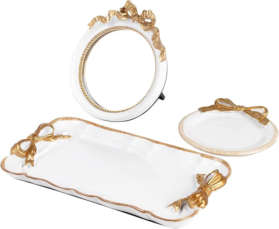 Perfume Vanity Tray Coquette Decor - 3 Pcs Decorative Perfume Tray Set, Jewelry Tray & Bow Makeup... | Amazon (US)