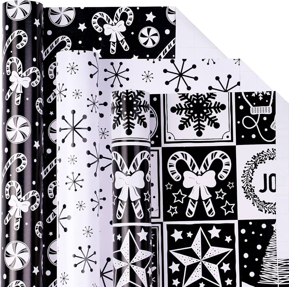 LeZakaa Christmas Wrapping Paper Mini Roll - Bell & Tree/Candy Canes/Snowflakes in Black & White ... | Amazon (US)