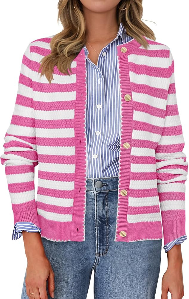 MEROKEETY Women's 2024 Striped Cardigan Sweater Open Front Long Sleeve Button Tweed Knit Fall Out... | Amazon (US)