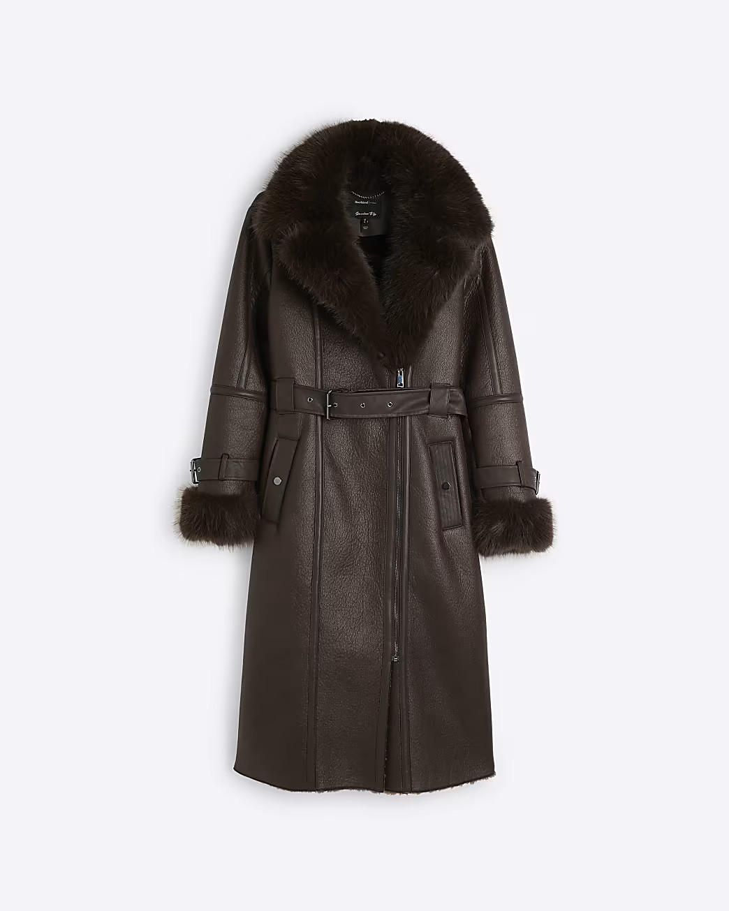Brown Longline Buckled Biker Coat | River Island UK & IE