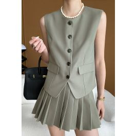 Button Front Vest Blazer and Pleated Mini Skirt Set in Sage | Chicwish