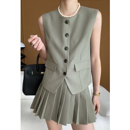 Button Front Vest Blazer and Pleated Mini Skirt Set in Grey | Chicwish