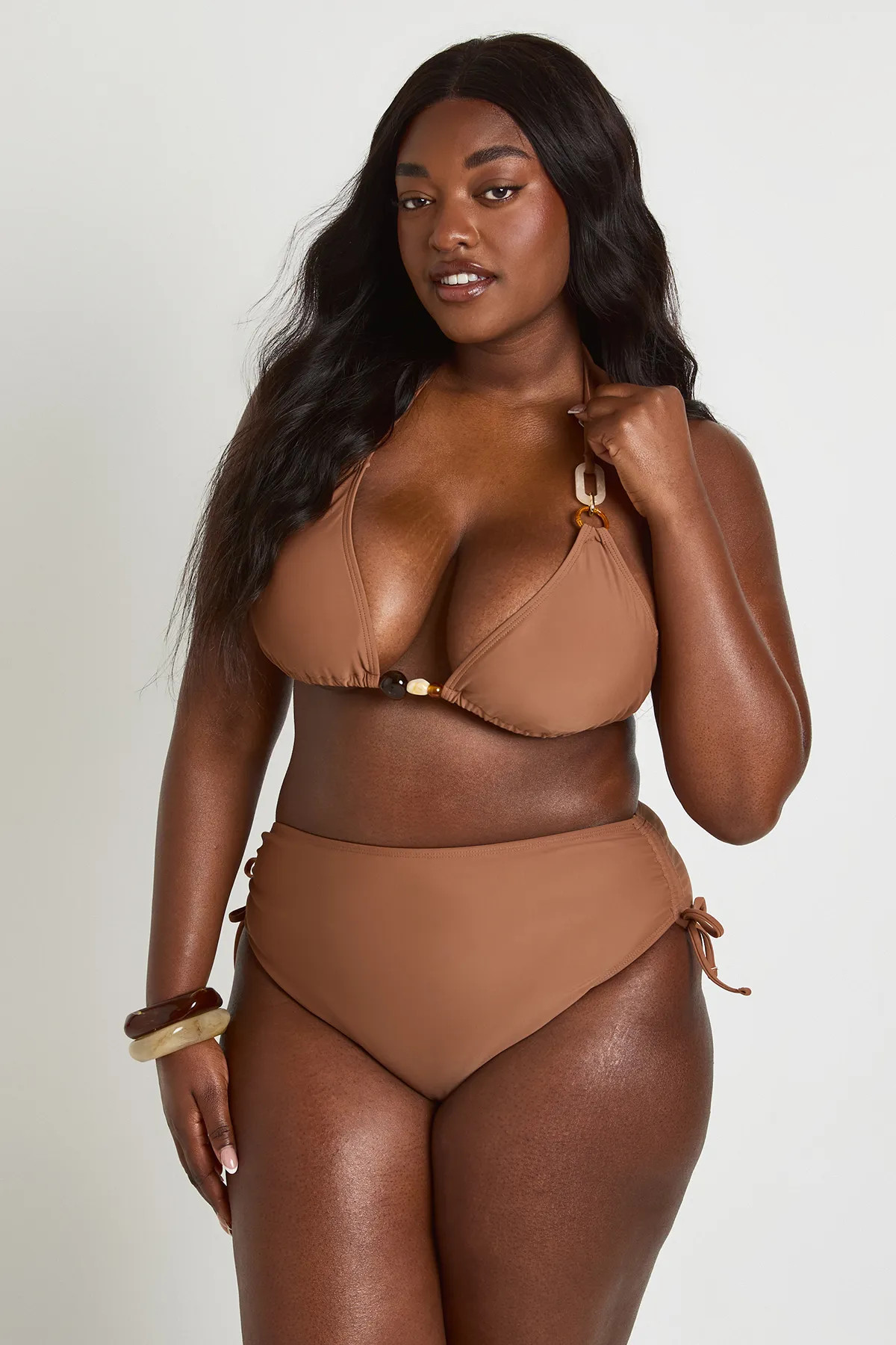 Brown Plus Bead Trim Triangle High Waisted Bikini Set | Boohoo USA | boohoo (US & Canada)