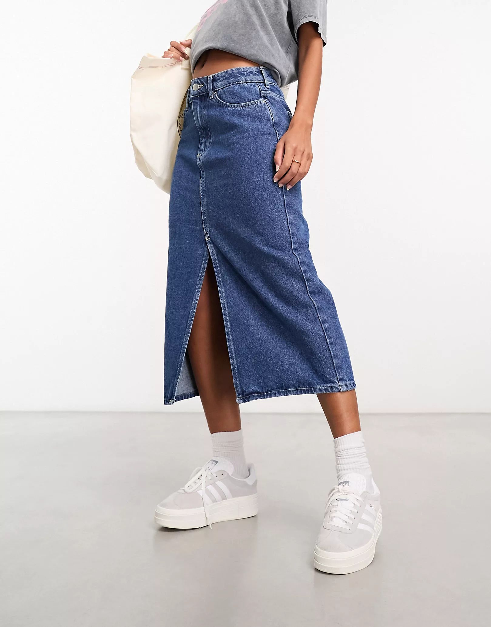 ONLY denim midi skirt with front split in mid blue | ASOS (Global)