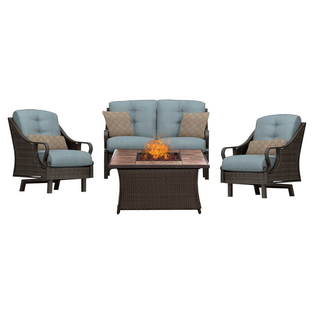 Venture 4pc All-Weather Wicker Patio Chat Set w/Fire Pit - Ocean Blue - Hanover | Target