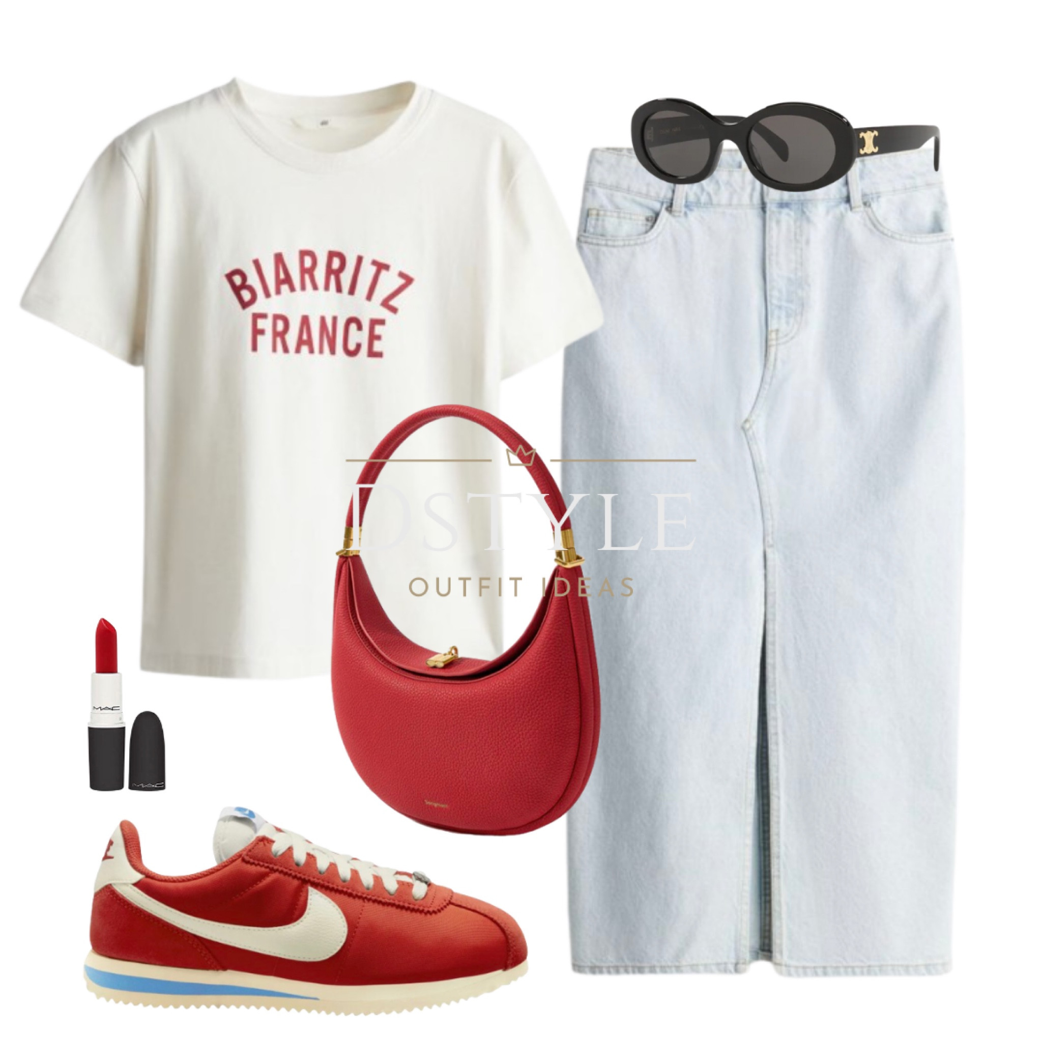 White printed t-shirt, denim skirt, red leather bag, red Nike Cortez sneakers, matching Mac lipstick. Ootd, spring look, spring outfit, summer style, pop of red, trending now, kicks addict, sneakers obsessed, trainers enthusiast

#LTKfindsunder50 #LTKshoecrush #LTKstyletip