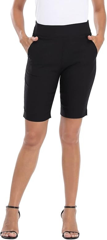 HDE Pull On Bermuda Shorts for Women Mid Rise 10" Inseam Shorts with Pockets | Amazon (US)