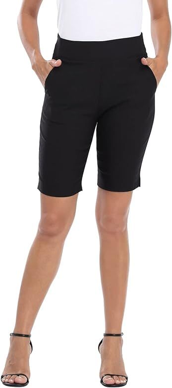 HDE Pull On Bermuda Shorts for Women Mid Rise 10" Inseam Shorts with Pockets | Amazon (US)
