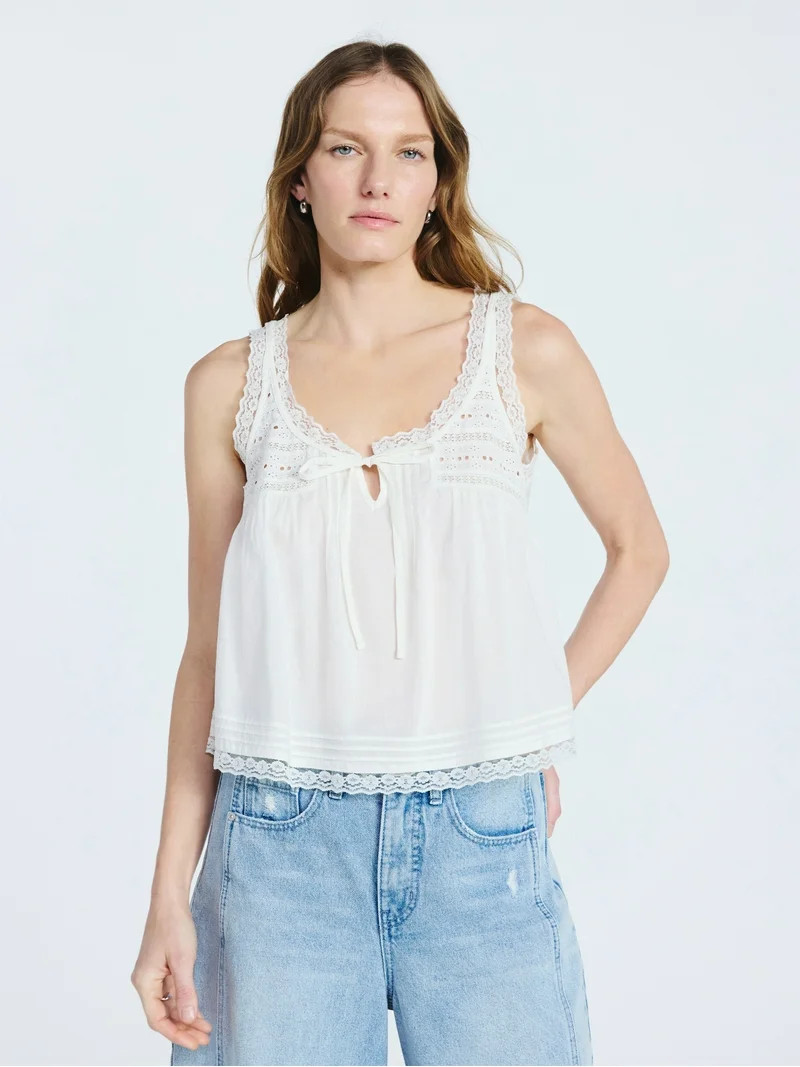 Scoop Women's and Women's Plus Flowy Cotton Tank Top with Lace Trim, Sizes XS-4X | Walmart (US)