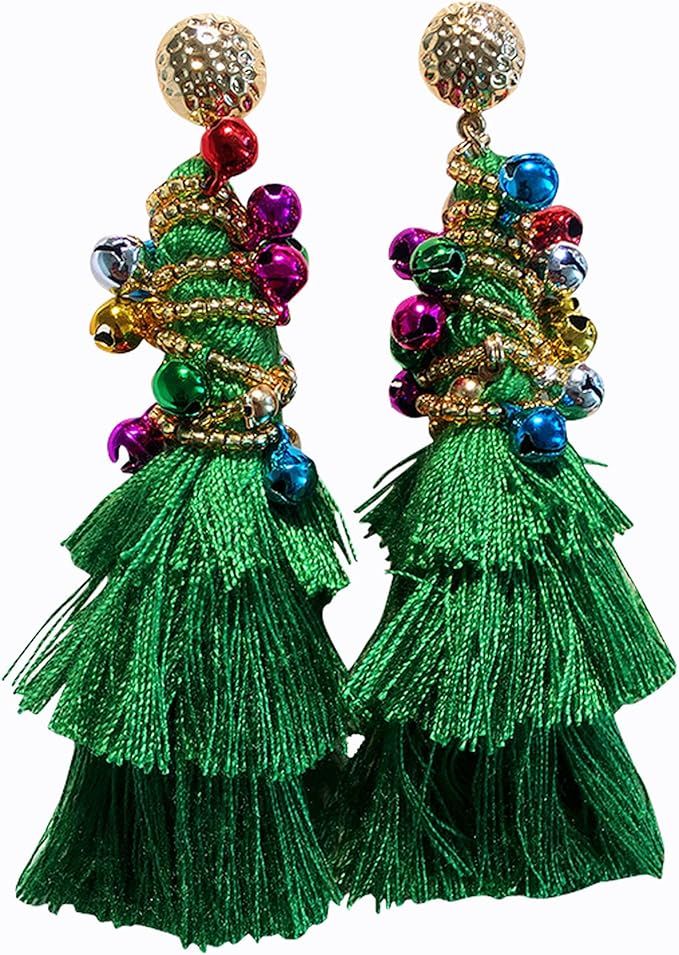 Christmas Tree Earrings, Christmas Tree Tassel Beaded Earrings, Cute Bohemian Drop Dangle Green E... | Amazon (US)