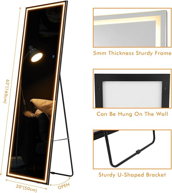 BEWITU 63"x20" Full Length Mirror with LED Lights, Free Standing Lighted Floor Mirror, Wall Mount... | Amazon (US)