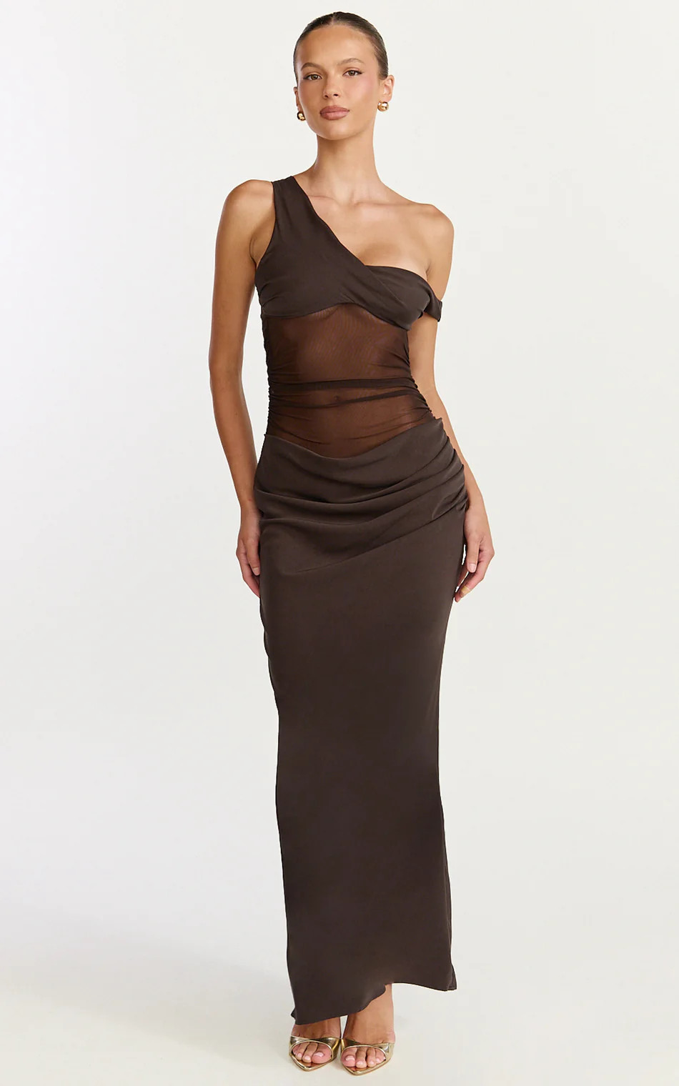 Twisted One Shoulder Cowl Dropped Waist Dress in Chocolate | Showpo (US, UK & Europe)
