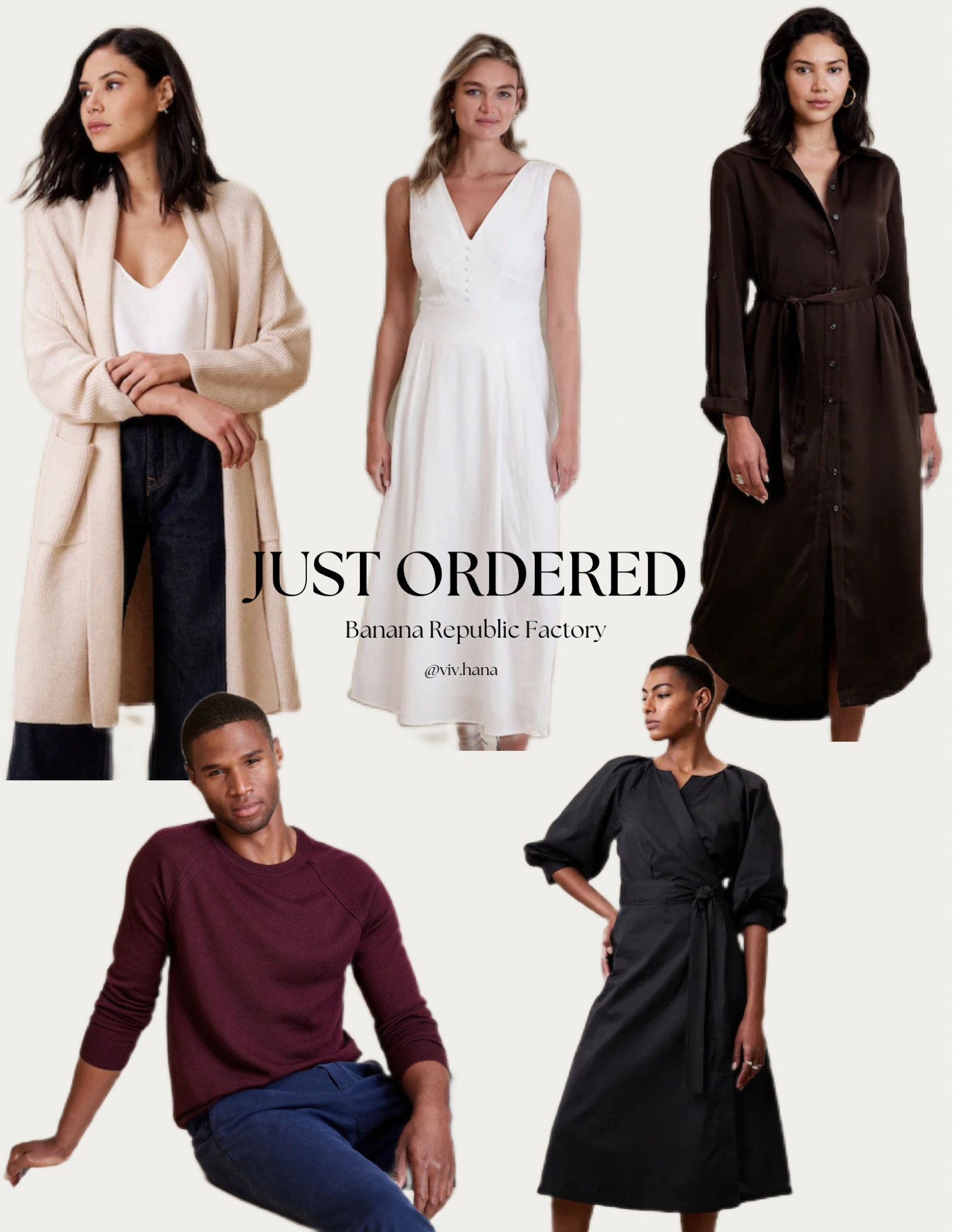 Banana Republic Factory: Silky Crepe Maxi Shirtdress (XS: Costa Coffee); Ribbed Sweater Duster (XS: Ivory); Linen-Blend Maxi Dress (0 Petite: New Off White); Blouson-Sleeve Midi Dress (XS: Black); Men's Merino Wool Sweater (L: Burgundy) 

#LTKSeasonal #LTKGiftGuide #LTKHoliday