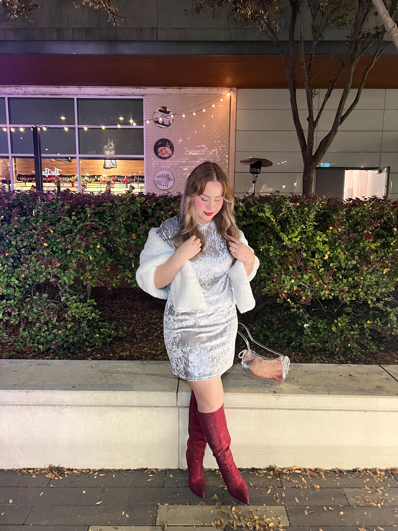 Mostly everything is Amazon fashion except purse & boots! 
Dress is tts and stretchy 
Fur shawl is soooo cool! Just throw it over any outfit and it makes you look expensive! Boots are justfab 