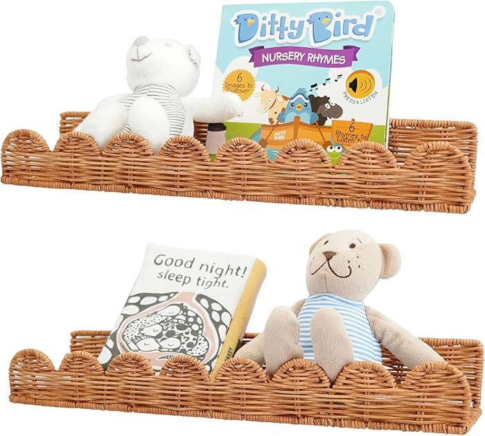 Natural Rattan Scalloped Floating Shelves, Eco-Friendly Wall Mounted Nursery Bookshelf, Durable &... | Amazon (US)