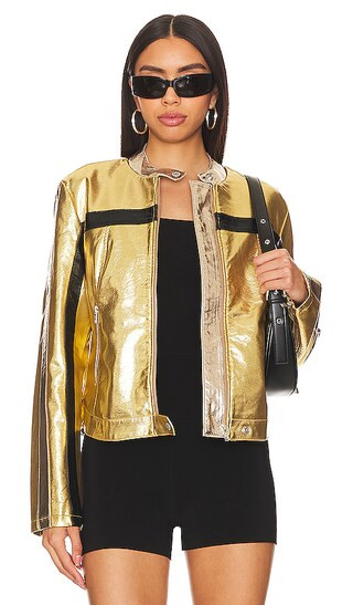 x REVOLVE x We The Free FAST LANE METALLIC Faux Leather Jacket in Gold Combo | Revolve Clothing (Global)