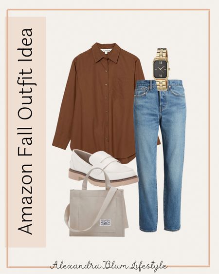 Amazon Fall Outfit Ideas!! Brown dress shirt, blue jeans, white loafers, canvas tote bag, and gold watch! Amazon fashion finds! Fall fashion! More fall outfits on my page! 

#LTKunder100 #LTKshoecrush #LTKstyletip