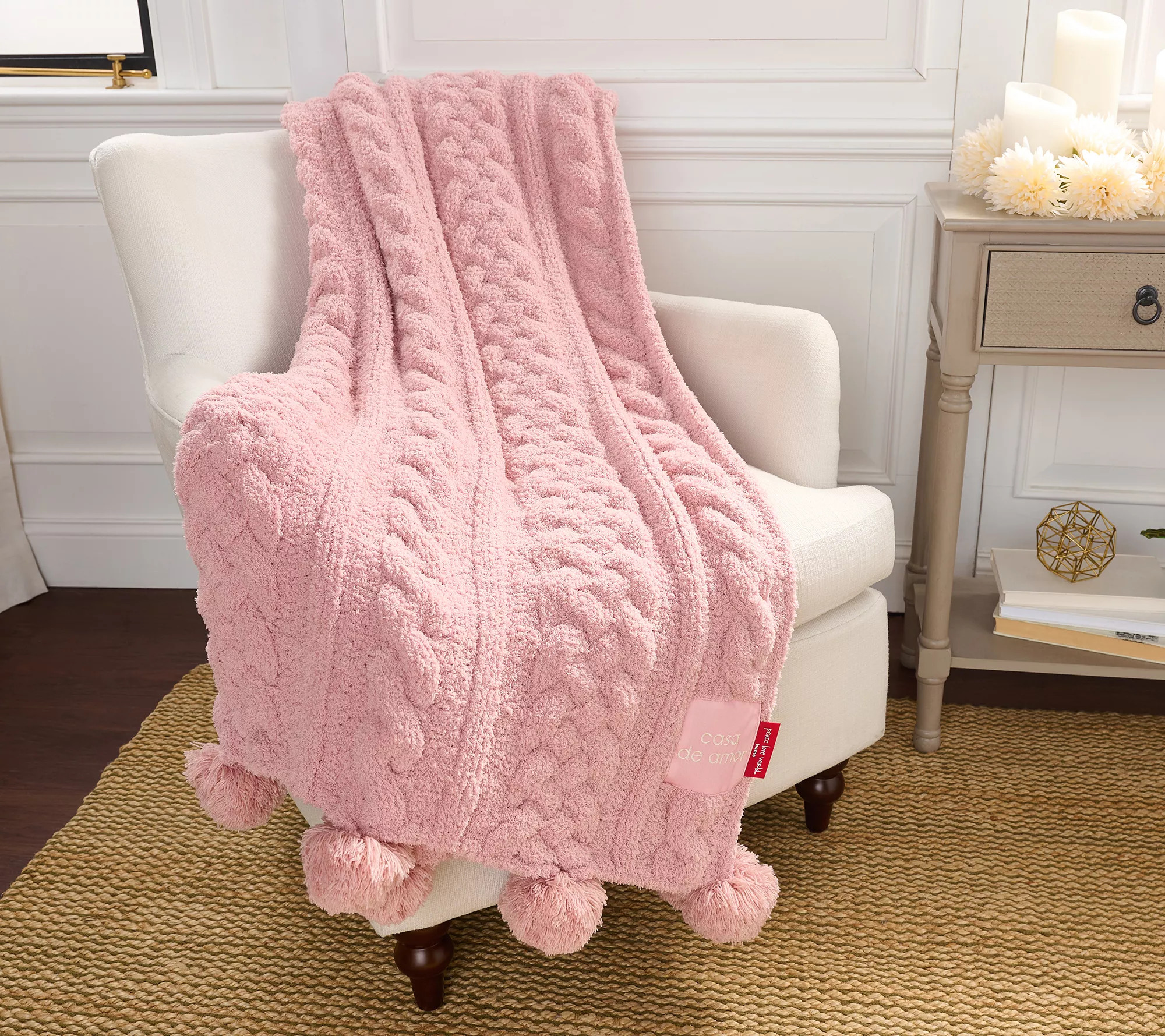 Peace Love World 70x60 Pom Pom Cable Knit Blanket - QVC.com | QVC