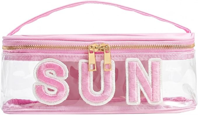 RSRSLEII Clear Waterproof Summer SUN Makeup Bag，Aesthetic Transparent Letter Patch Cosmetic Bag... | Amazon (US)