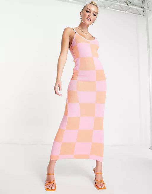 Peppermayo knitted maxi dress in coral check | ASOS (Global)