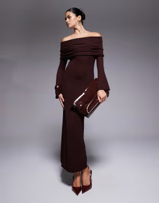 Aria Cove textured boucle bardot foldover maxi sweater dress in chocolate | ASOS | ASOS (Global)