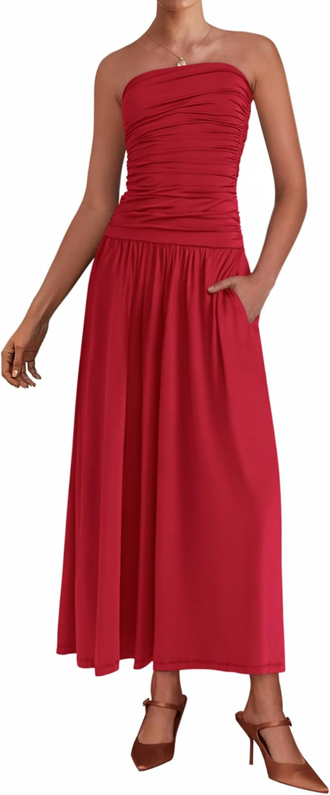 BTFBM Women 2025 Summer Strapless Tube Dress Sleeveless Ruched Flowy Going Out Wedding Guest Maxi... | Amazon (US)