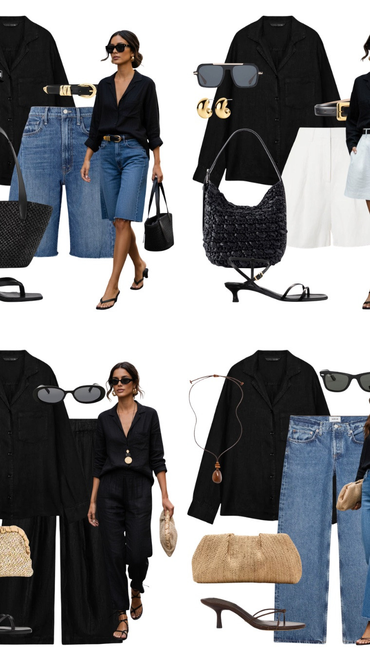 Black linen shirt styling 〰️

Tags: elevated summer outfit, old money style, Zara black button down, denim Bermuda shorts, agolde wide leg jeans, posse white pleated shorts, matching set, kitten heel sandals, rayban wayfarer black sunglasses, revolve pendant necklace, black raffia bag, woven clutch

#LTKsummer #LTKshoes #LTKbag