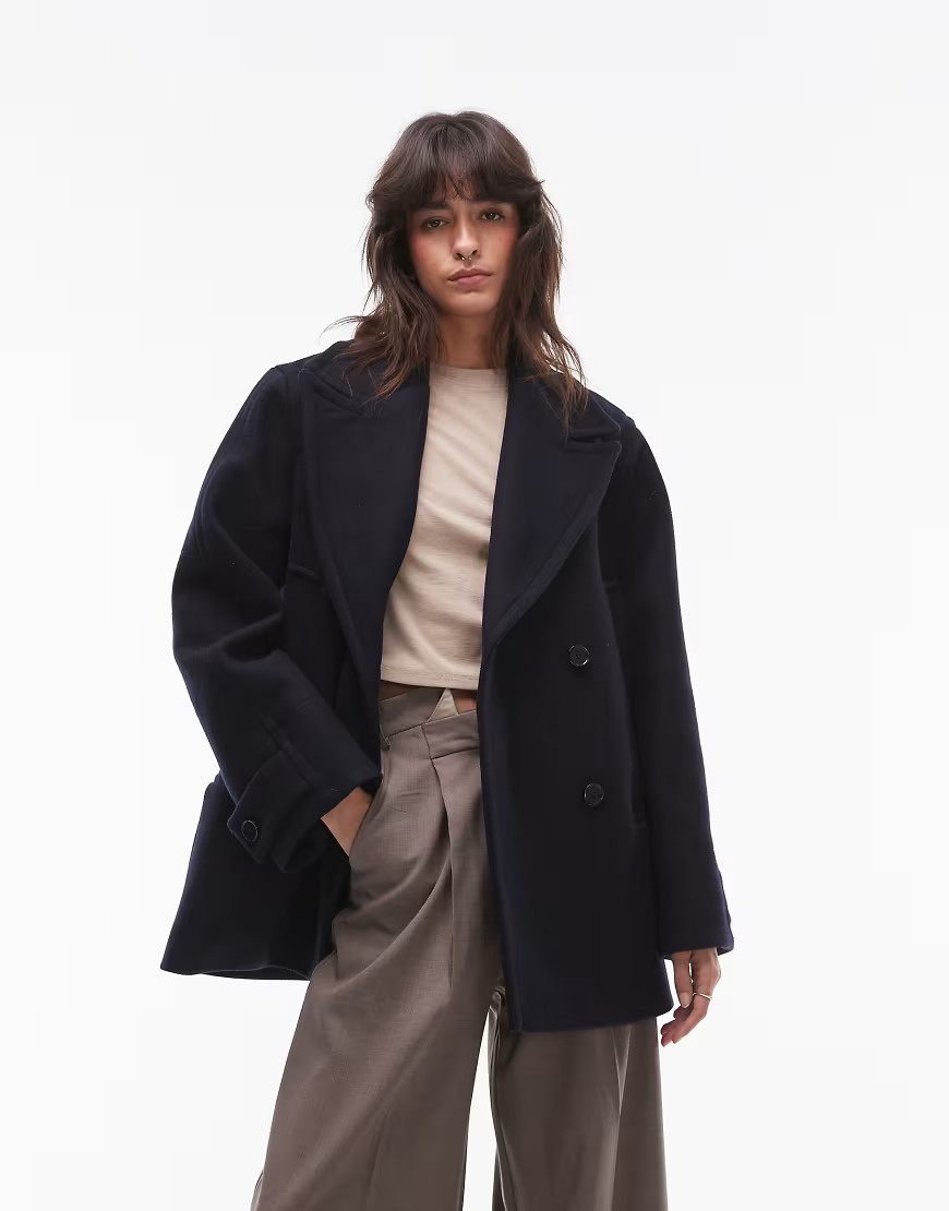 & Other Stories wool blend double breasted cropped coat with double pocket detail in dark blue | ASOS (Global)