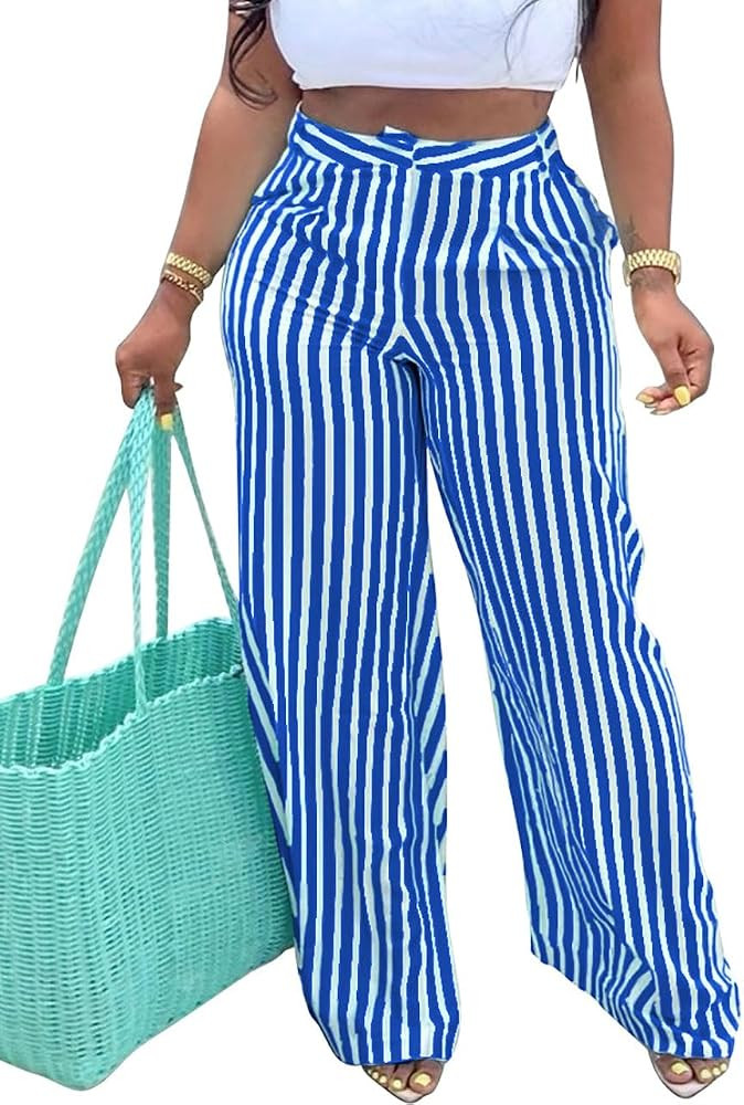 MESLIMA Women's Casual High Waist Trousers Fashion Striped Print Summer Loose Wide Leg Pants with... | Amazon (US)