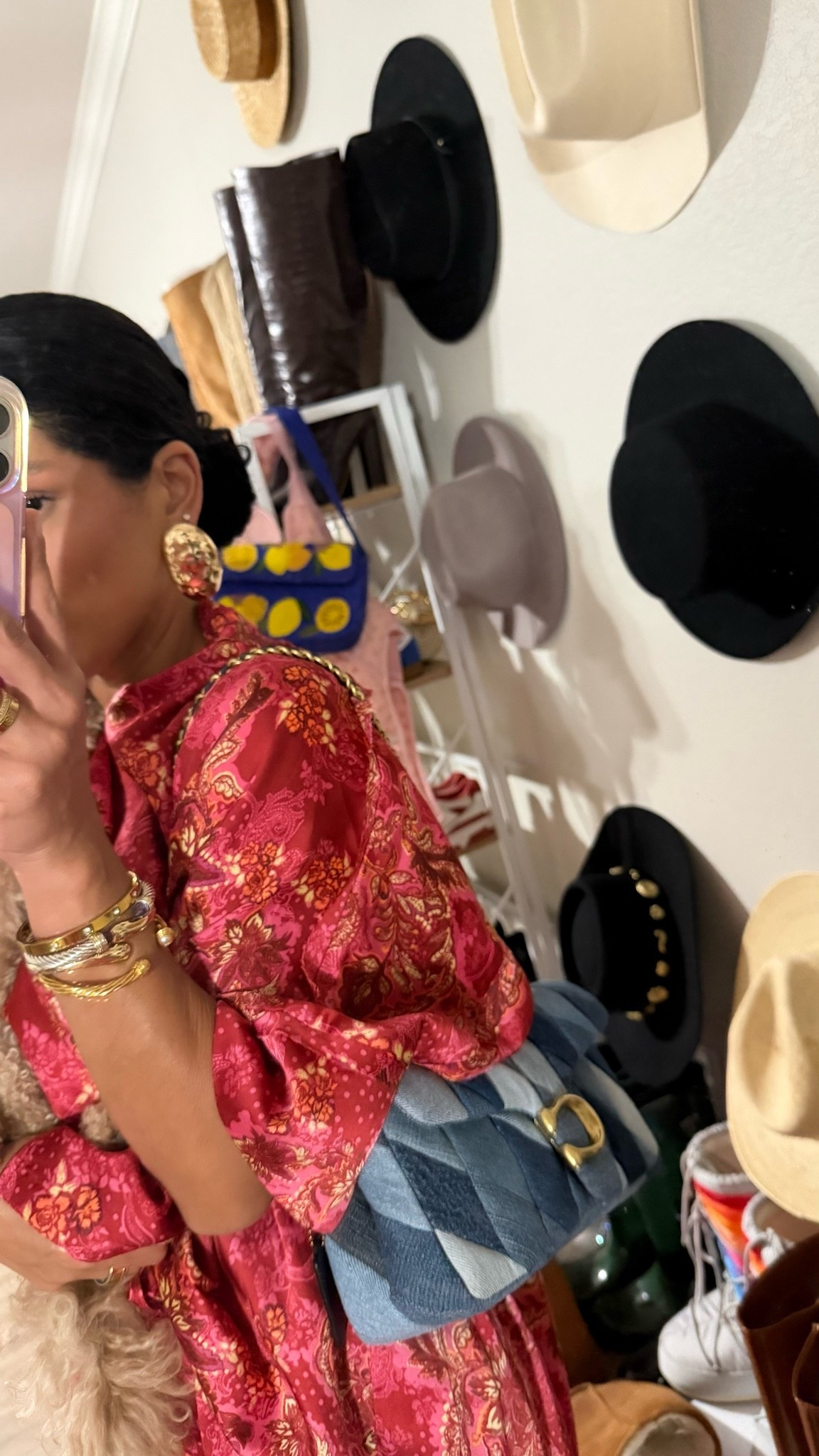 this look feels like a little vintage, a little luxe, and a whole lot of statement energy ❤️✨ bold prints, stacked gold, and that denim bag combo just works.

#vintageinspired #maximalstyle #fashionfinds #boldfashion #accessorygoals #ootdstyle #elevatedlook #styleinspo #chicdetails

#LTKdayinmylife #LTKootd #LTKstorytime