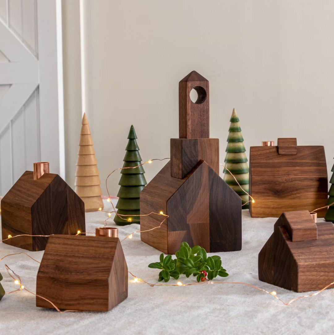 Modern Wooden Christmas Village Solid Walnut Wood Copper - Etsy | Etsy (US)