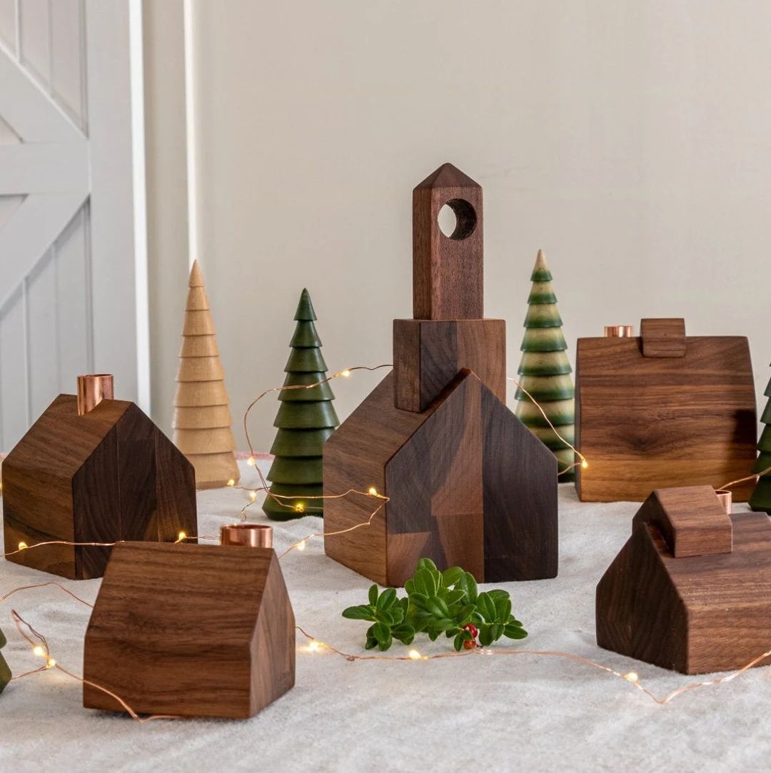 Modern Wooden Christmas Village Solid Walnut Wood Copper - Etsy | Etsy (US)