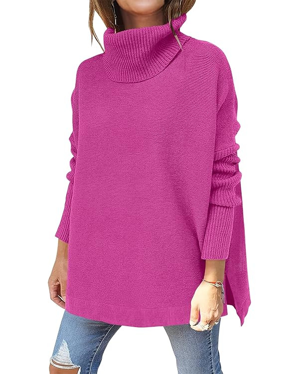 Caracilia Women's Turtleneck Oversized Knit Sweater 2024 Long Batwing Sleeve Spilt Hem Pullover S... | Amazon (US)