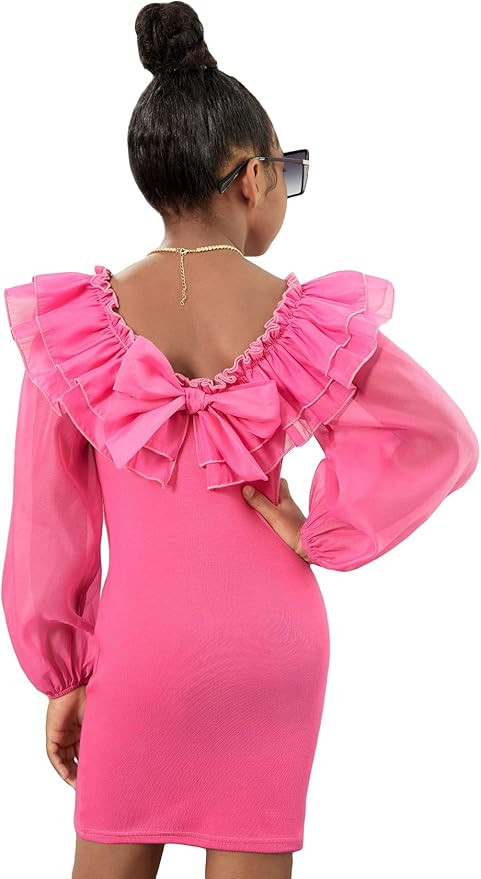 WDIRARA Girl's Mesh Ruffle Trim Layered Tie Back Lantern Sleeve Pencil Mini Dress | Amazon (US)