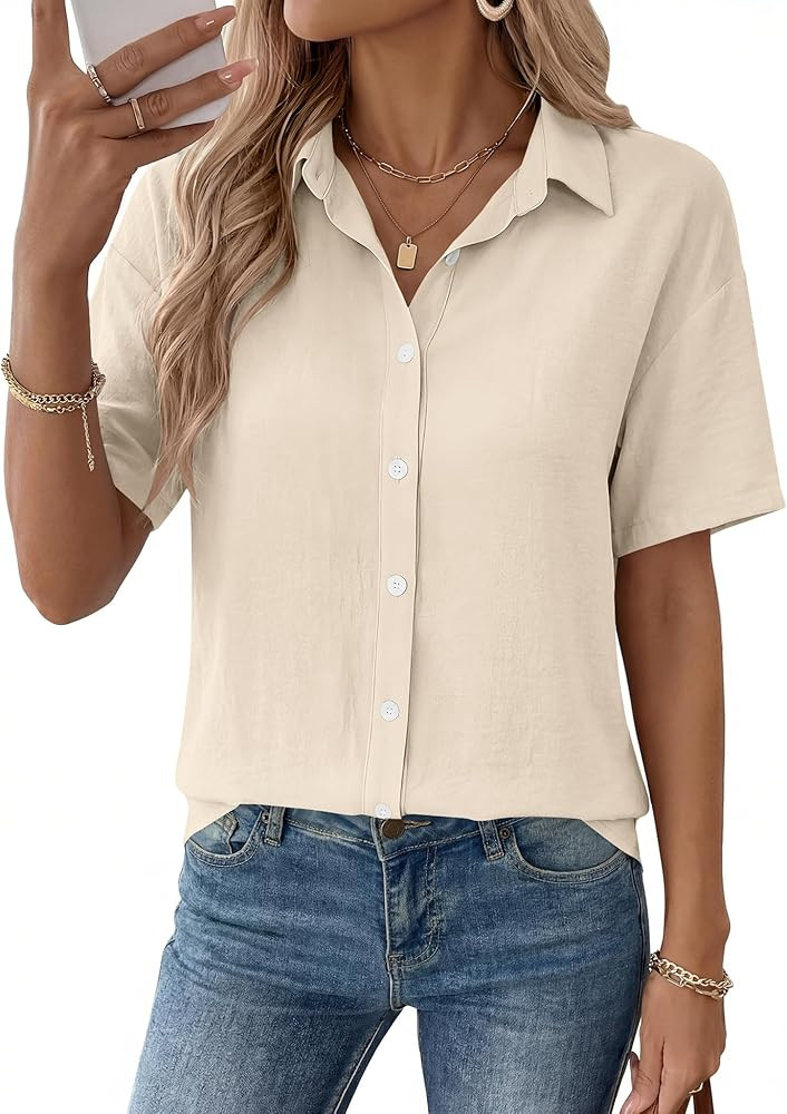 Rapbin Womens Short Sleeve Button Down Shirts Casual V Neck Collared Blouses Work Tops | Amazon (US)