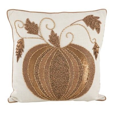 Beaded Thanksgiving Pumpkin Design Cotton Throw Pillow Gold - Saro Lifestyle | Target