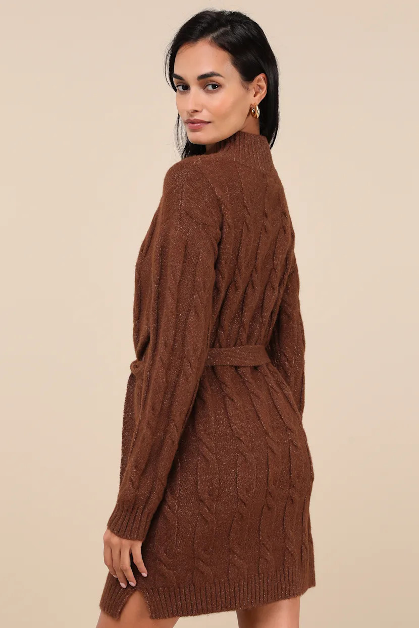 Warmed Up To You Brown Cable Knit Mock Neck Sweater Dress | Lulus