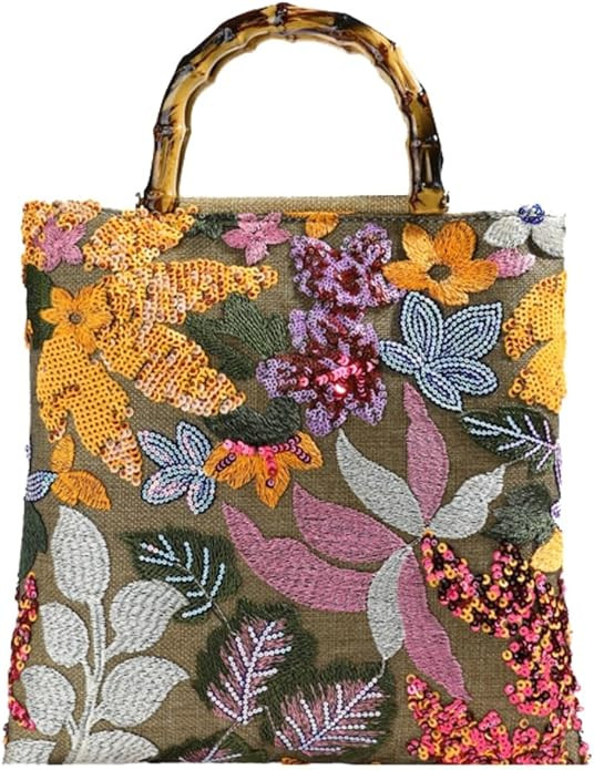 Sequin Embroidered Floral Tote for Women Beach Bag with Bamboo Handle Summer Shoulder Handbag for... | Amazon (US)