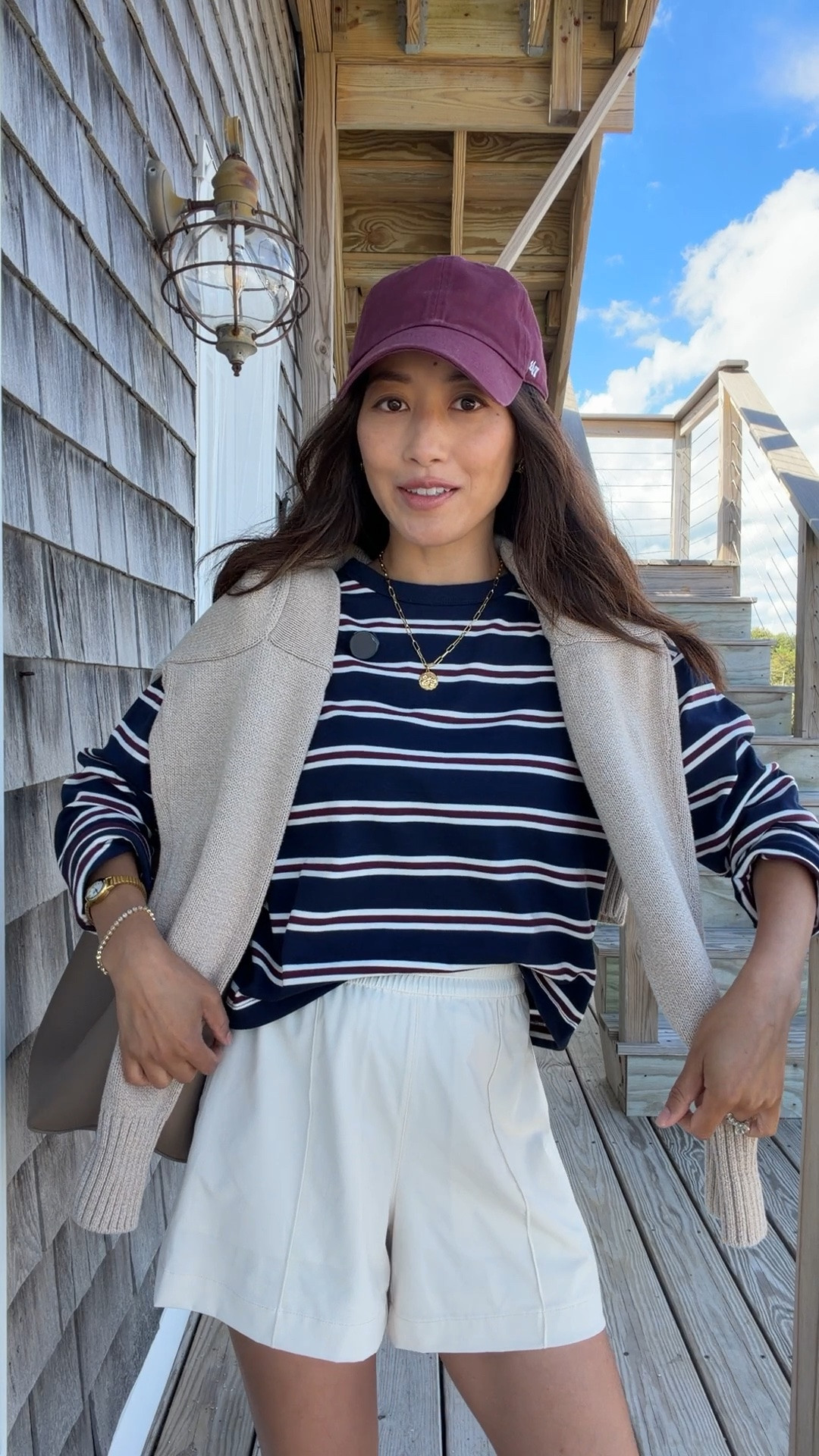 Please read sizing info!! 
1. Cotton stripe tee XXS regular, boxy fit (I don't need petite since it's shorter in length) love and got three colors in this! Also have brown and solid white. 
2. lulu shorts XXS hemmed for free. These come with a 6" inseam which wasn't bad on me, but I brought them in store to get hemmed to where the original horizontal stitched line was. Easy, free and quick process. I also own these in the 25” cropped pants version and love! 
3. Quince sweater XS oversized fit, old color but speckled beige is similar. Also comes in a striped version. Gap makes a great oversized crop sweater in petite as well linked. 
4. Teeks sandals great for beach or pool since waterproof, I sized up to a 6. 
5. Quince handbag in size small and madewell sunglasses

easy petite mom on the go outfit, late summer elevated casual staples

#LTKPetite #LTKSeasonal #LTKmomlife