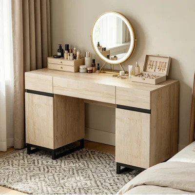 59" Modern Vanity Desk With Drawers, Bedroom Makeup Vanity Desk With Charging Station, Storage Cabinet, Wood Dressing Vanity Desk For Bedroom Dresser | Wayfair North America