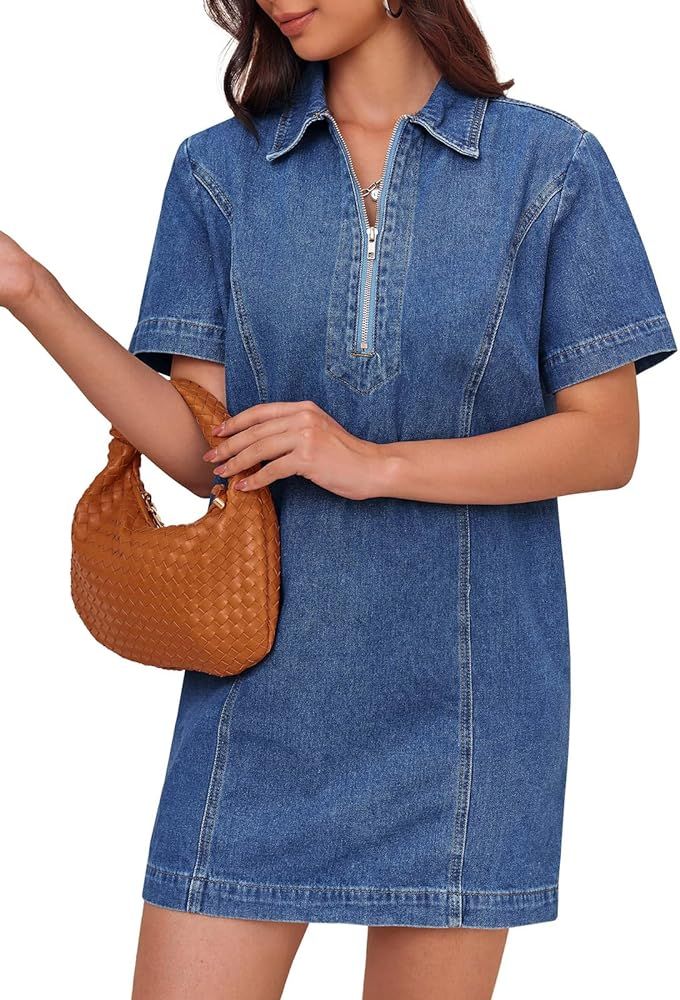 Fisoew Women’s Denim Mini Dress Short Sleeve Summer Casual Half Zip Polo Neck Short Jean Dress | Amazon (US)